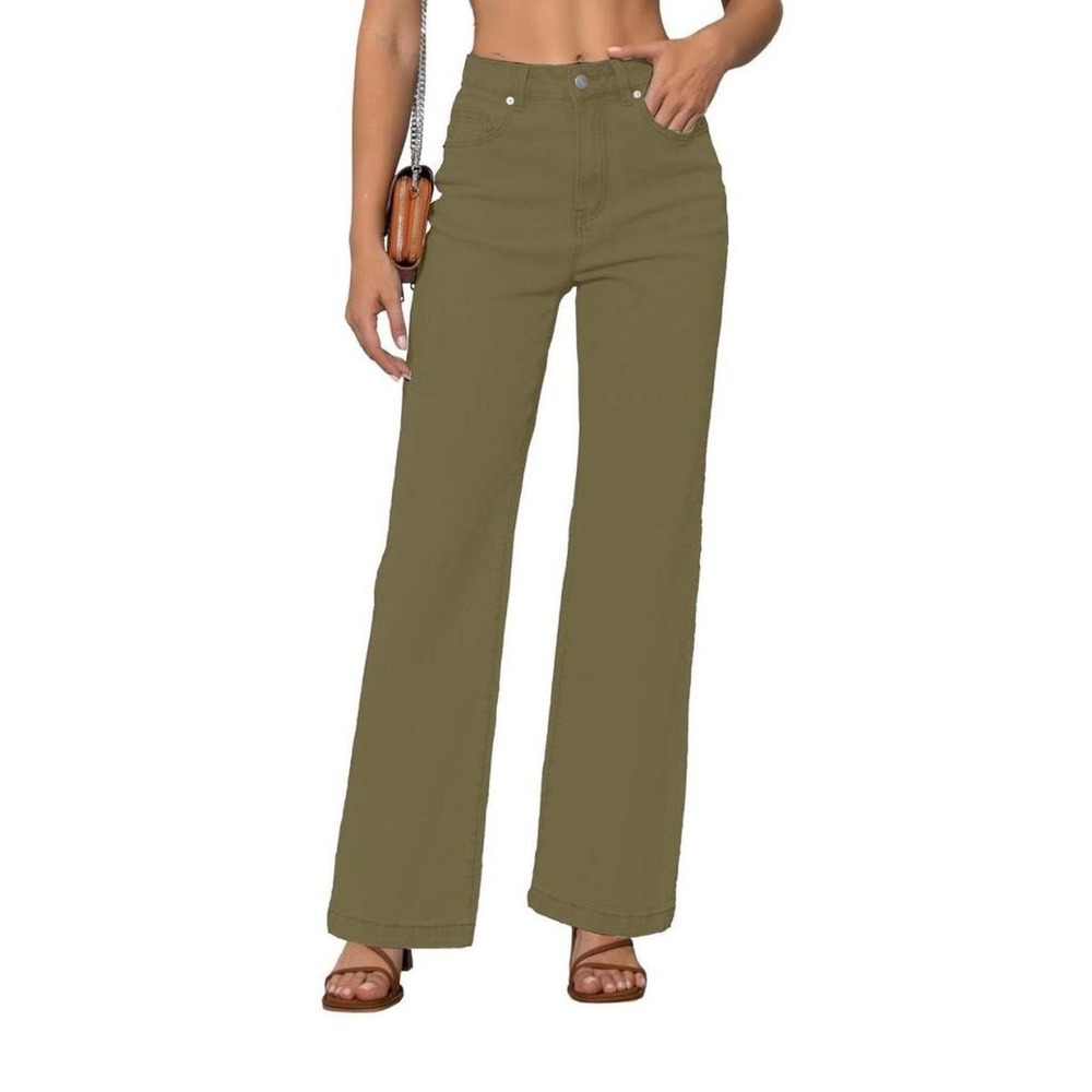 ETTELO Womens Army Green Jeans Mid Waisted Straight Leg Loose Fit
